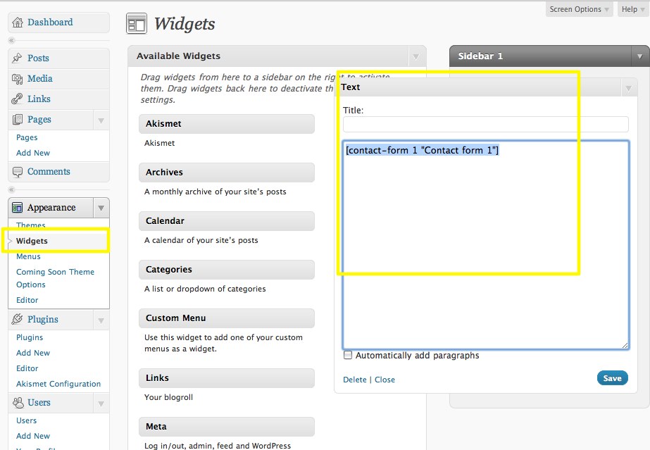 Text widget with a contact form